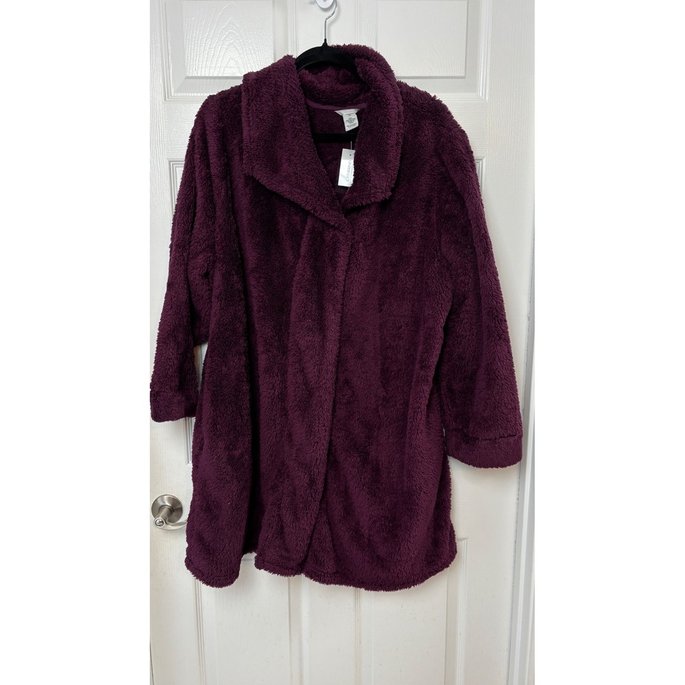 Catherines Sleepwear Womens 2X Plum Purple Plush Fleece Robe Shawl Collar NWT